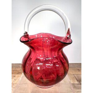 Vintage Pilgrim Red Glass Basket With Clear Glass Handle Hand-Blown Basket Vase